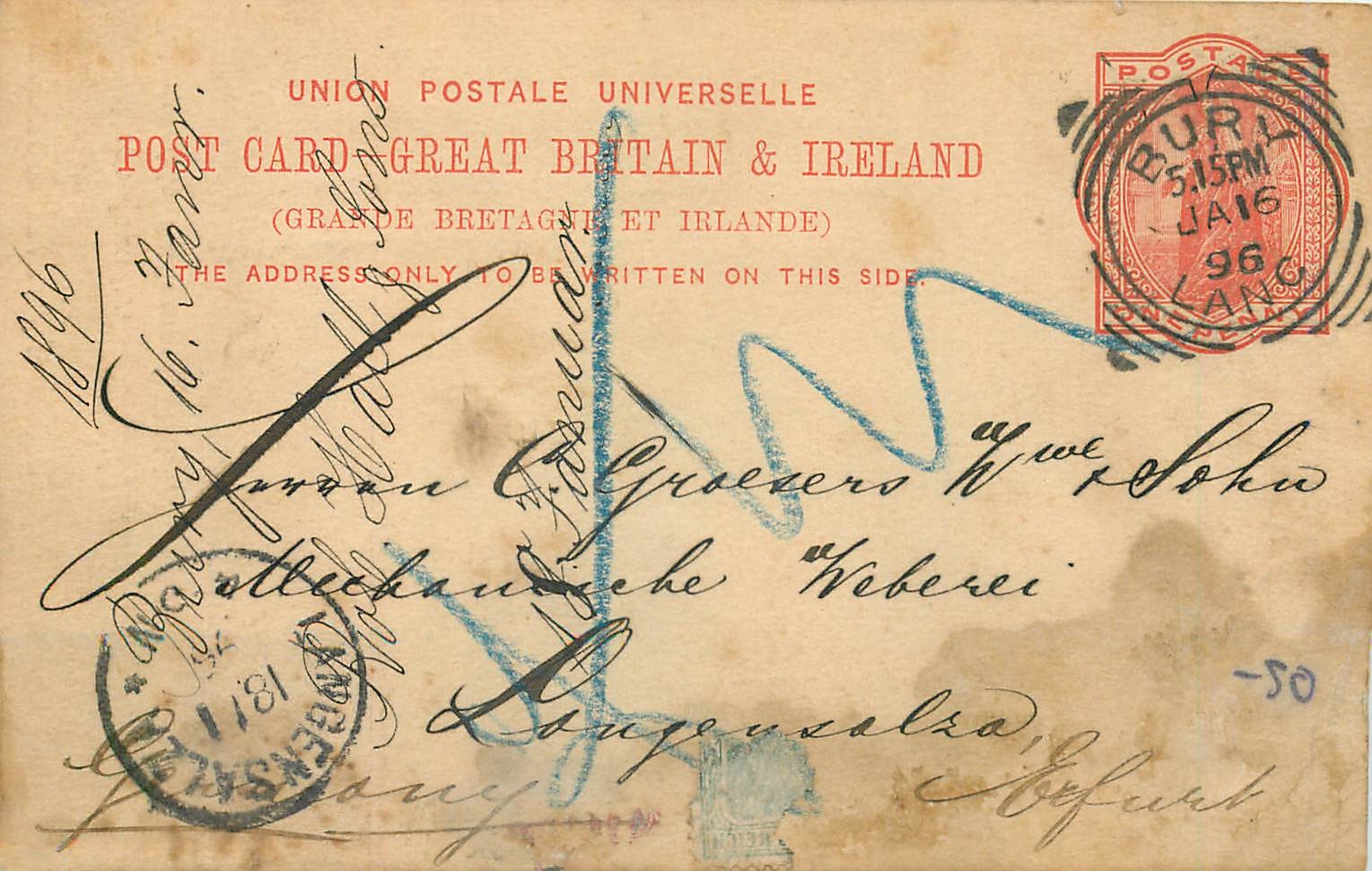 Entier Postal Postal Stationary Grande Bretagne Great Britain 1896 Bury to Erfurt