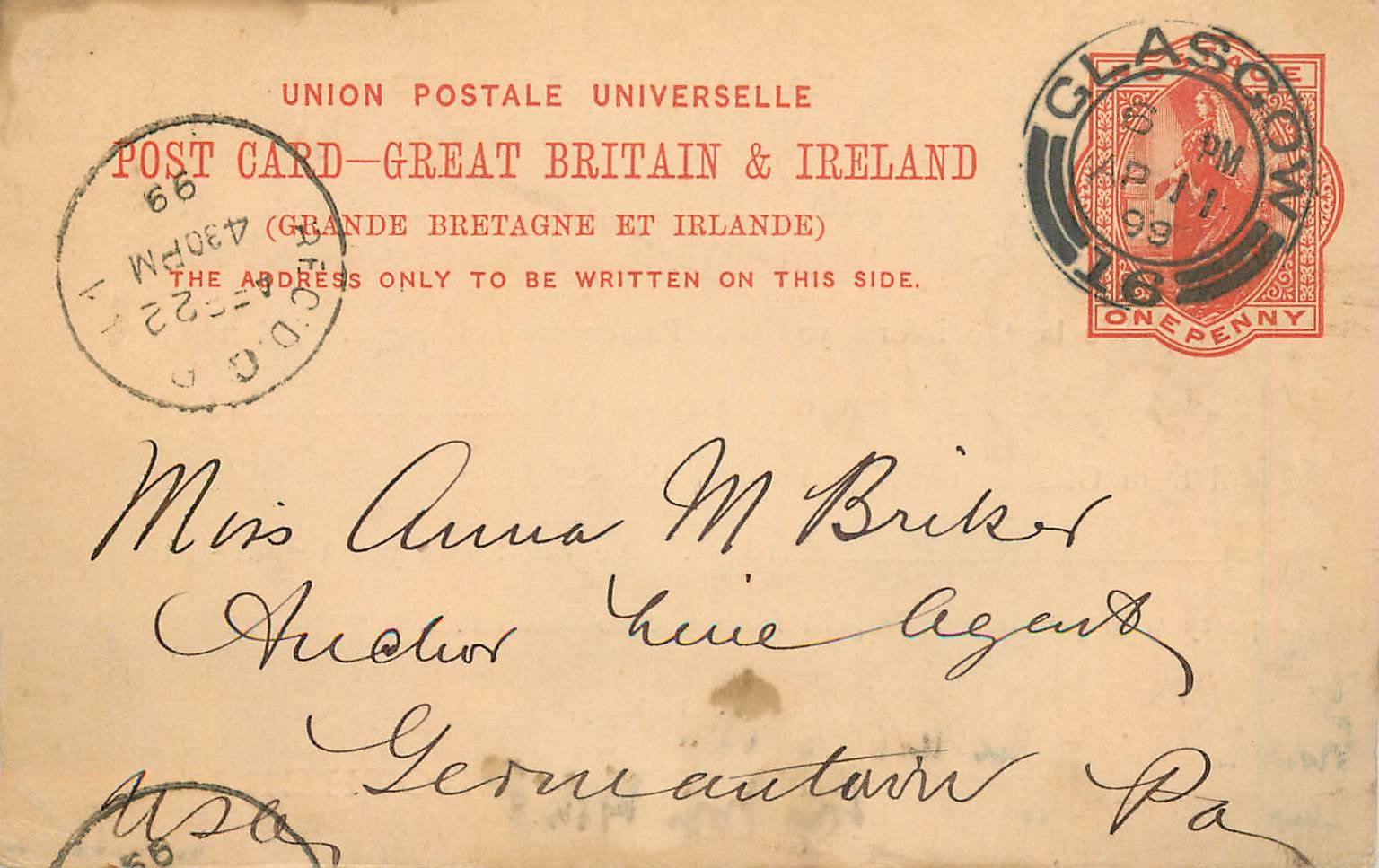 Entier Postal Postal Stationary Grande Bretagne Great Britain 1899 Glasgow to Pa
