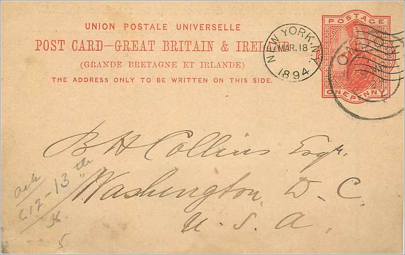 Entier Postal Postal Stationary Grande Bretagne Great Britain 1894 London to New York