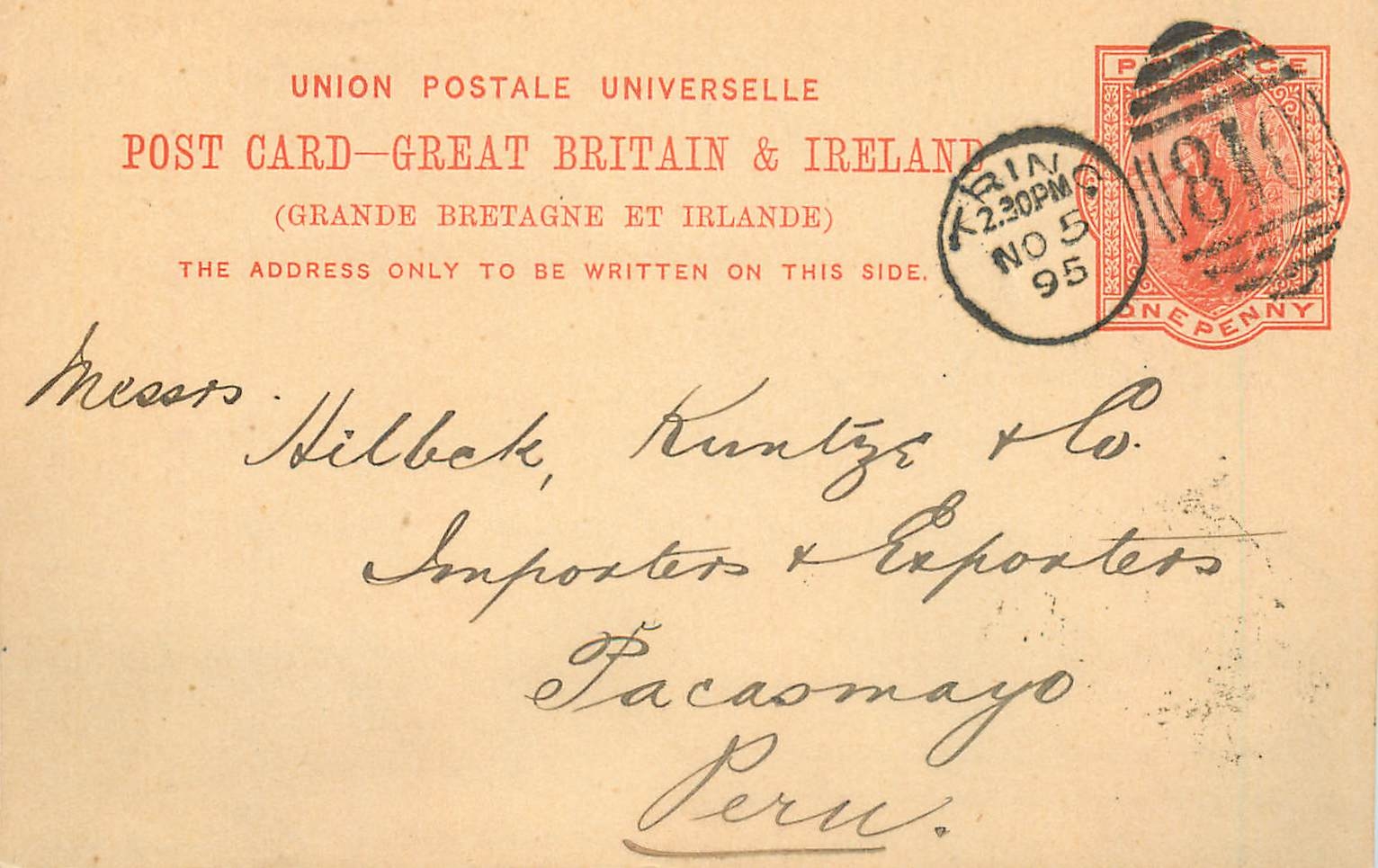 Entier Postal Postal Stationary Grande Bretagne Great Britain 1895 Tring to Pacasmayo Peru Perou