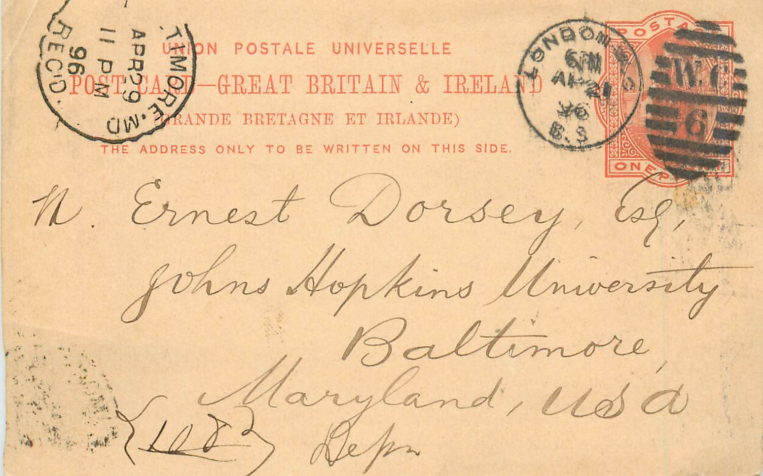 Entier Postal Postal Stationary Grande Bretagne Great Britain 1896 London to Baltimore
