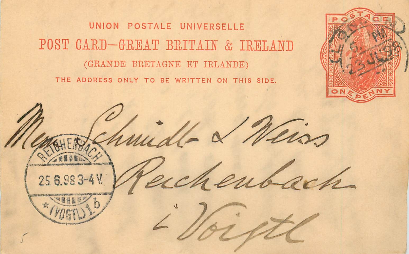 Entier Postal Postal Stationary Grande Bretagne Great Britain 1898 London to Voigtl Reichenbach
