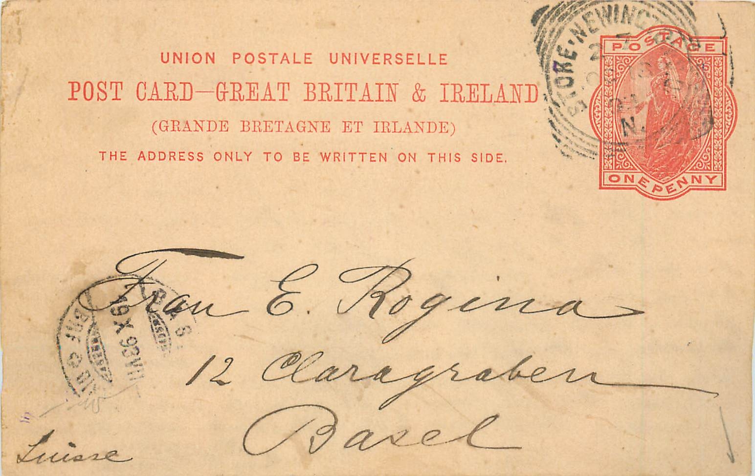 Entier Postal Postal Stationary Grande Bretagne Great Britain Newington to Basel 1894