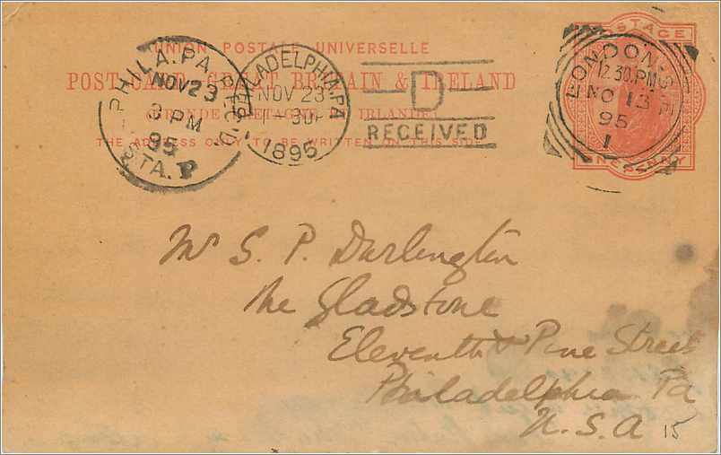 Entier Postal Postal Stationary Grande Bretagne Great Britain 1895 London to Philadelphia