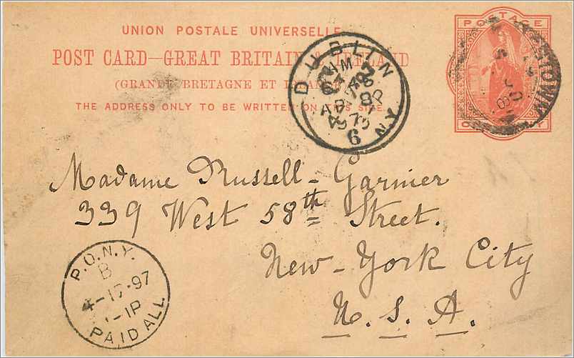 Entier Postal Postal Stationary Grande Bretagne Great Britain Dublin to New York 1897