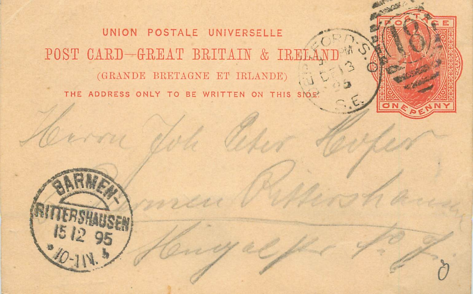 Entier Postal Postal Stationary Grande Bretagne Great Britain 1895 Bebford to Barmen