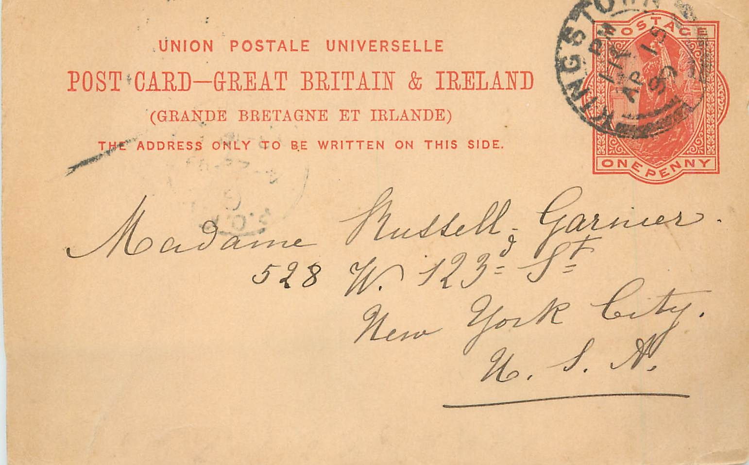 Entier Postal Postal Stationary Grande Bretagne Great Britain Kingston to New York 1899