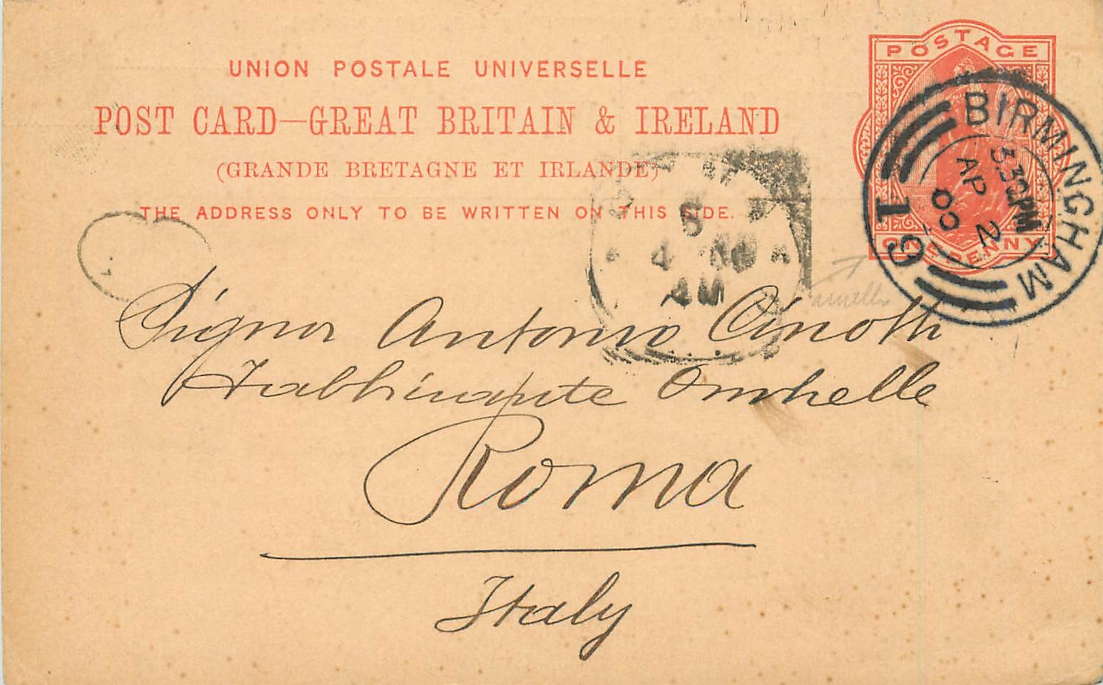 Entier Postal Postal Stationary Grande Bretagne Great Britain 1900 Birmingham to Roma