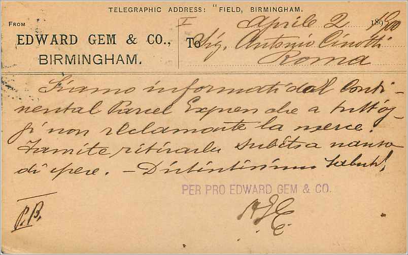 Entier Postal Postal Stationary Grande Bretagne Great Britain 1900 Birmingham to Roma — Verso
