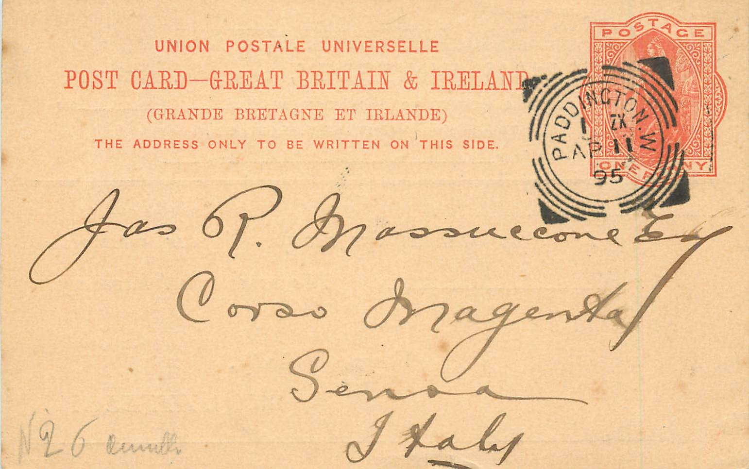 Entier Postal Postal Stationary Grande Bretagne Great Britain 1895 Padington to Italy