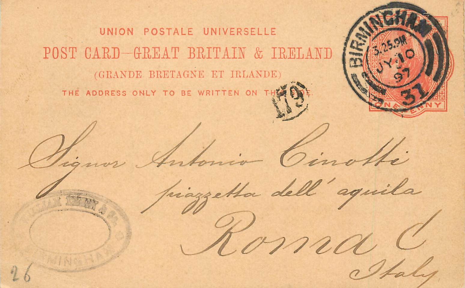 Entier Postal Postal Stationary Grande Bretagne Great Britain 1897 Birmingham to Roma