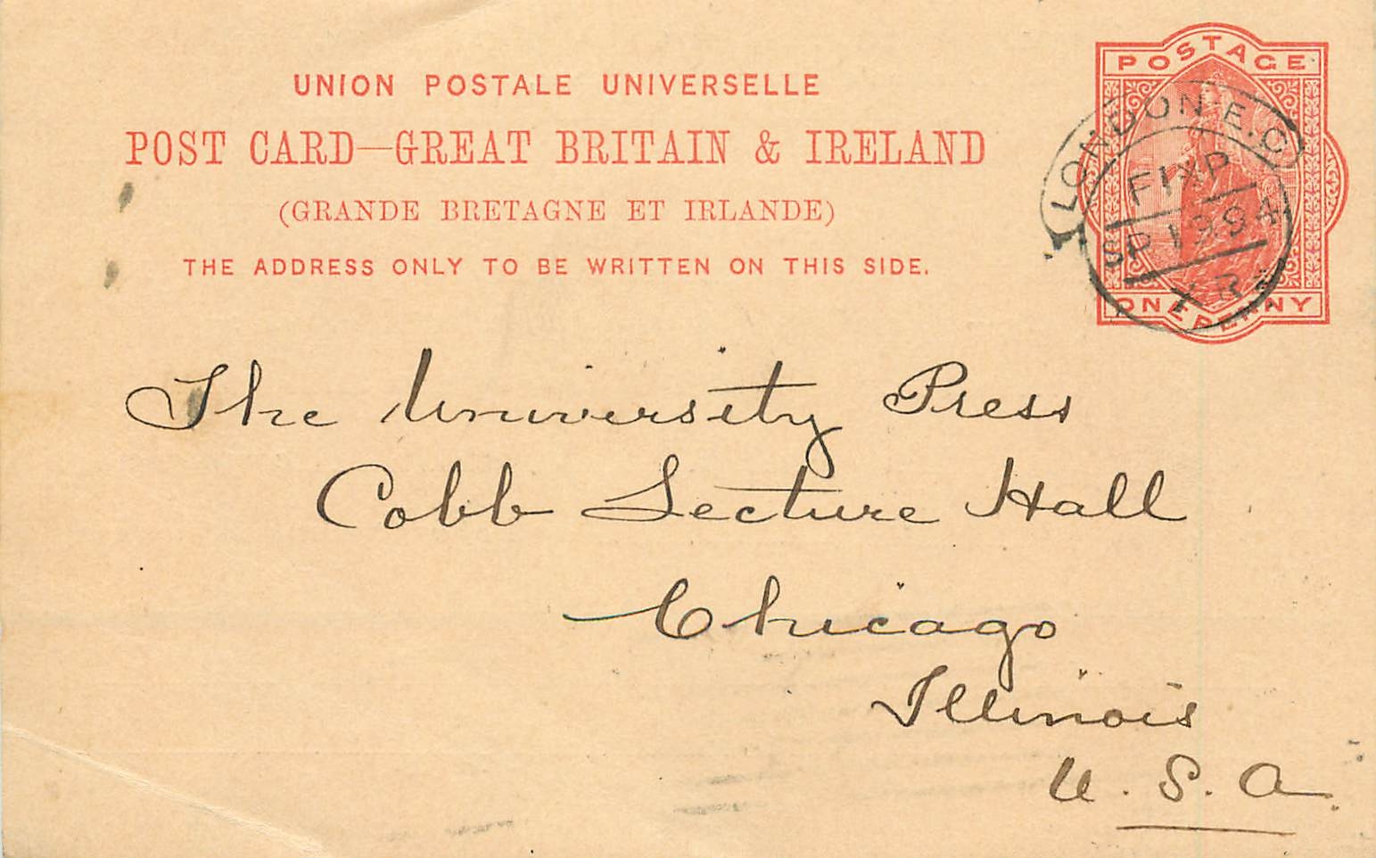 Entier Postal Postal Stationary Grande Bretagne Great Britain 1894 London to Chicago