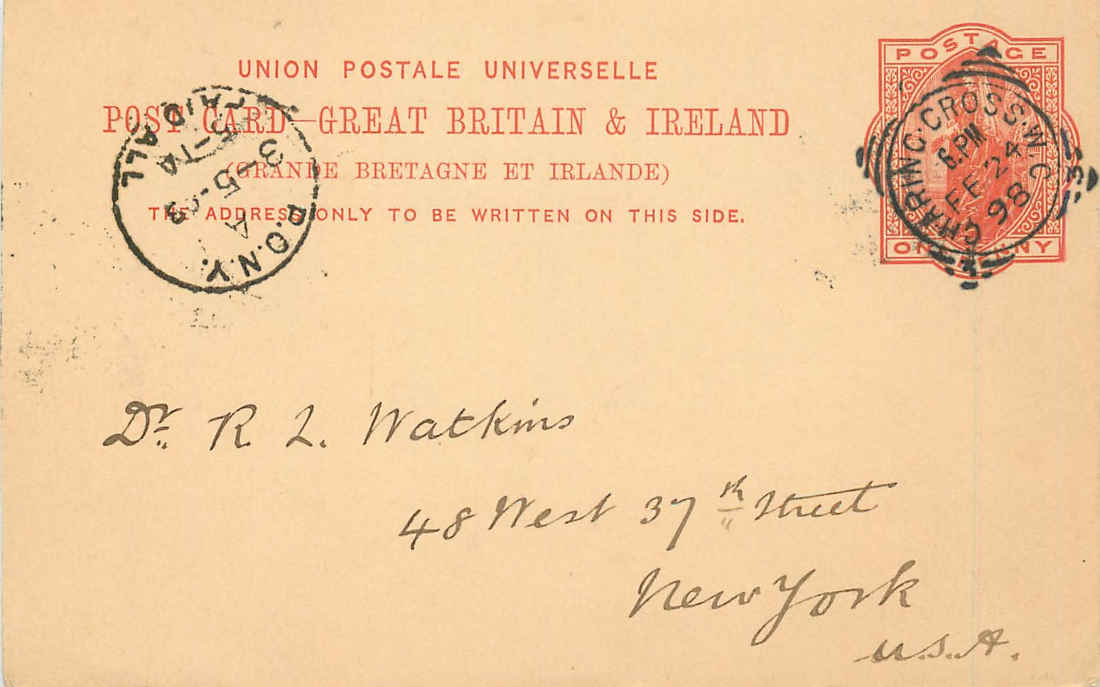Entier Postal Postal Stationary Grande Bretagne Great Britain 1898 Charing Cross London to New York