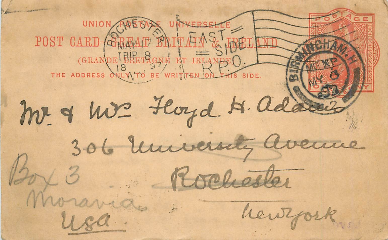 Entier Postal Postal Stationary Grande Bretagne Great Britain 1897 Birmingham to Rochester
