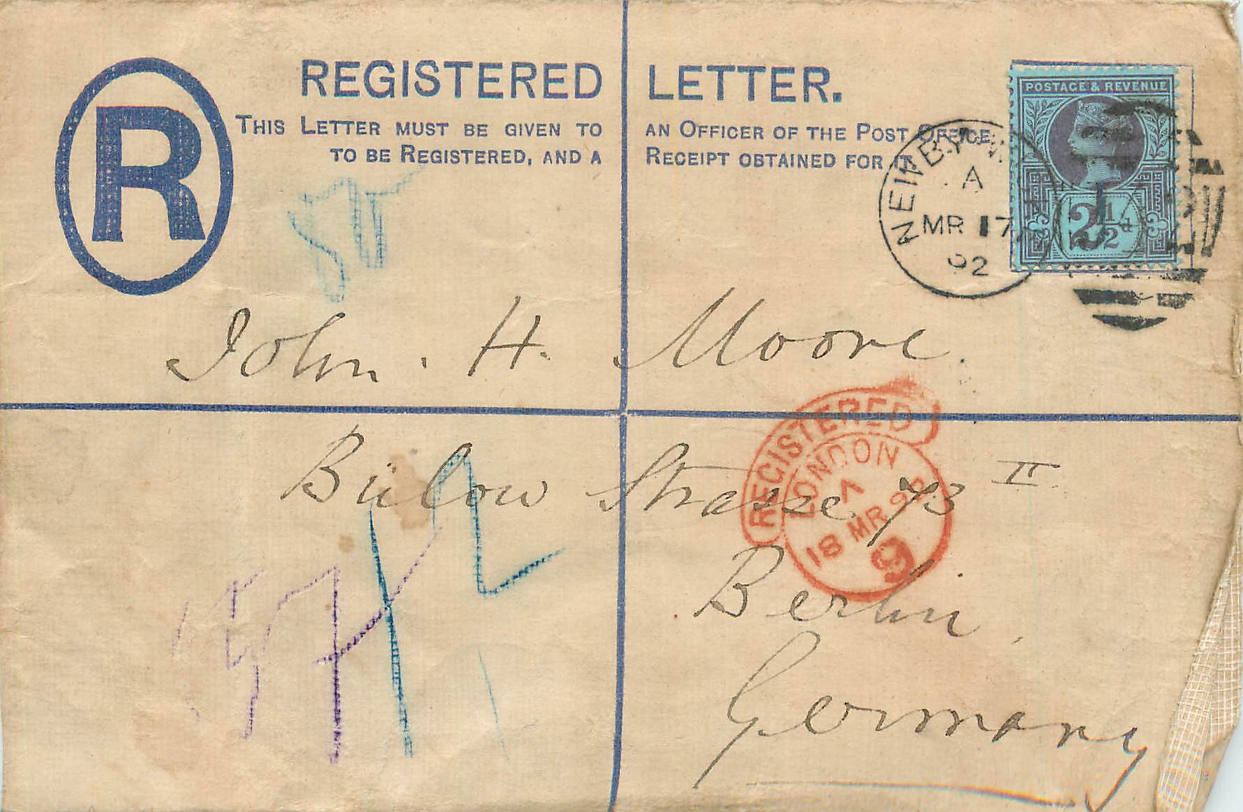Entier Postal Postal Stationary Grande Bretagne Great Britain 2/1d to Berlin