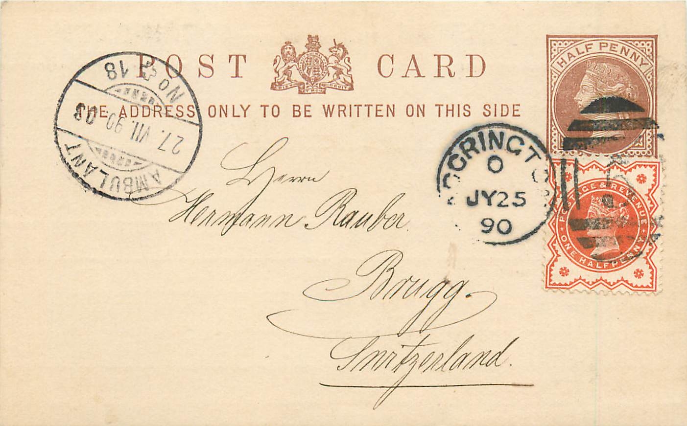 Entier Postal Postal Stationary Grande Bretagne Great Britain 1890 Accrington to Brugg