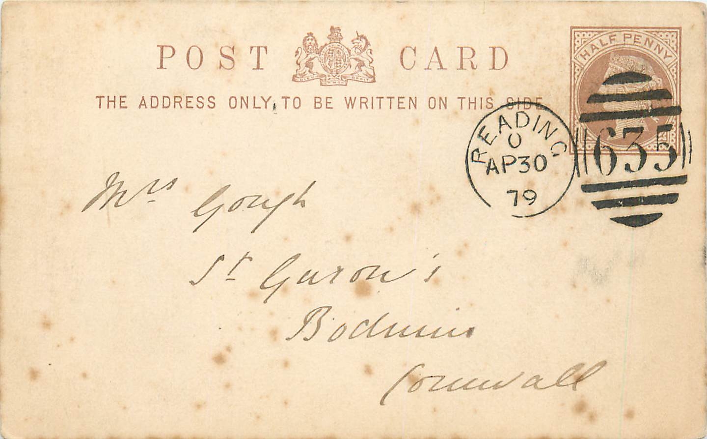 Entier Postal Postal Stationary Grande Bretagne Great Britain 1879 Reading to Cornwall