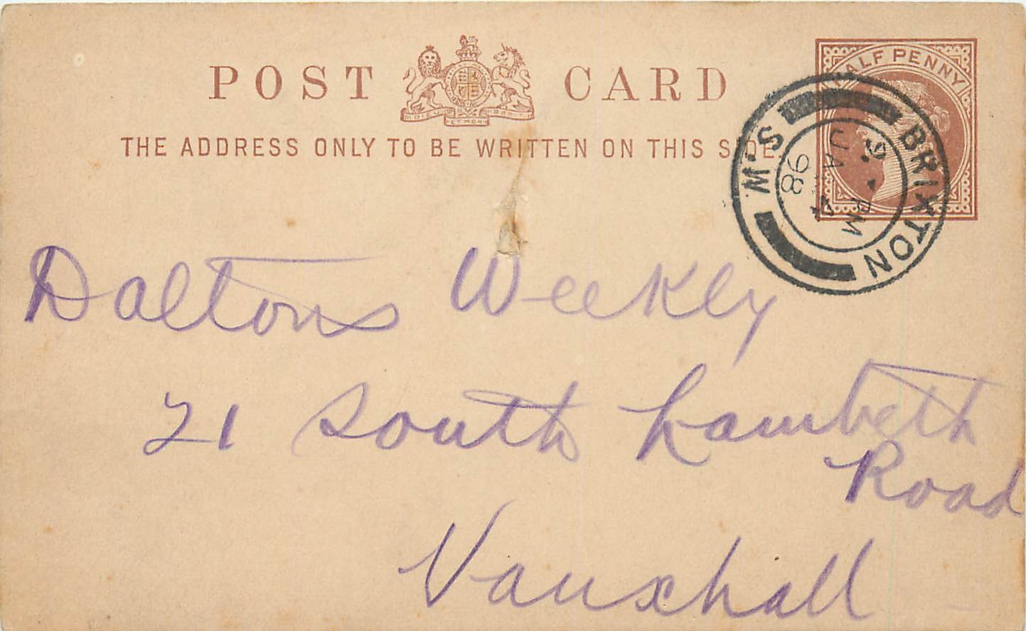 Entier Postal Postal Stationary Grande Bretagne Great Britain Brixton 1898 to Vauxhall