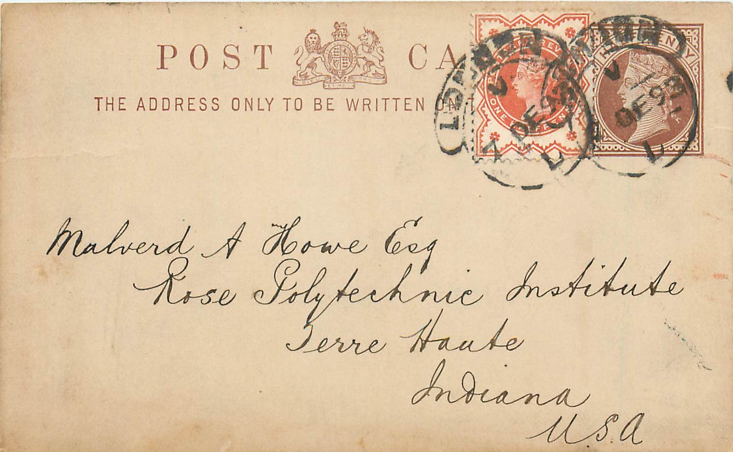 Entier Postal Postal Stationary Grande Bretagne Great Britain 1/2p + 1 1/2p London for Terre Haute I