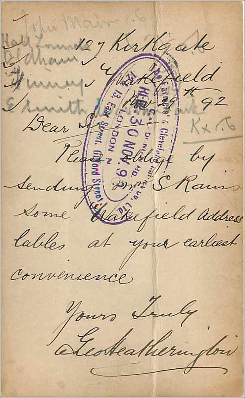 Entier Postal Postal Stationary Grande Bretagne Great Britain 1/2p Wakefield 1892 for London — Verso