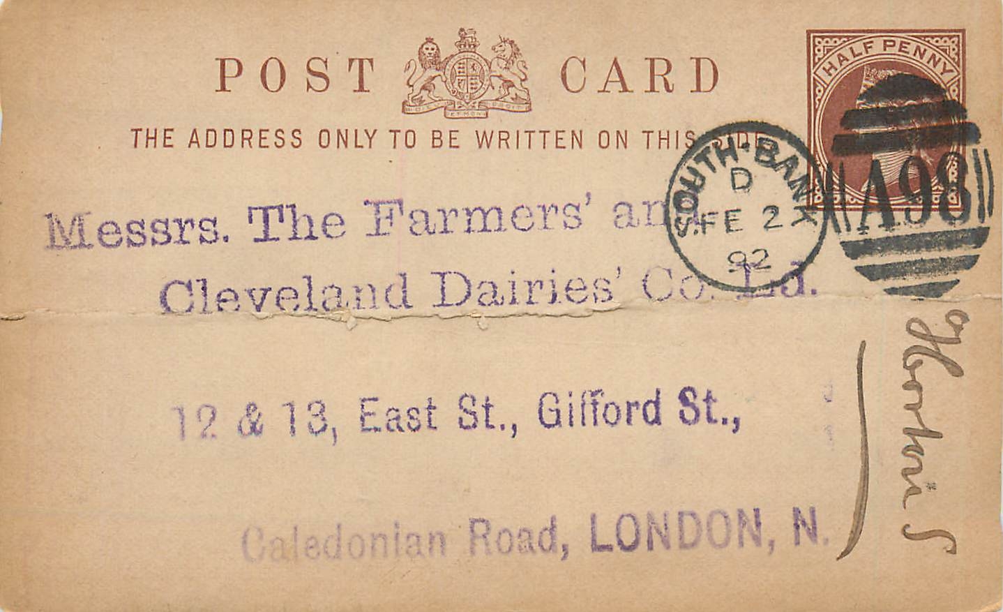 Entier Postal Postal Stationary Grande Bretagne Great Britain 1/2p South Bank 1892