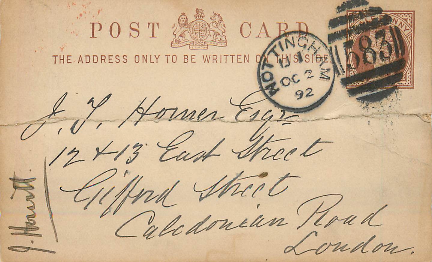 Entier Postal Postal Stationary Grande Bretagne Great Britain 1/2p Nottingham for London 1892