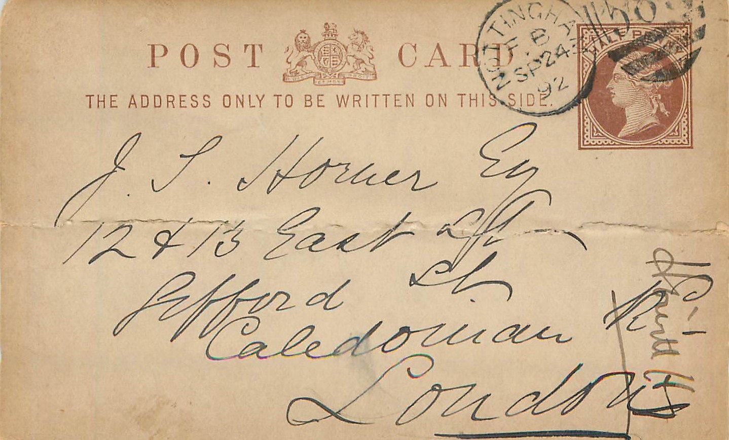 Entier Postal Postal Stationary Grande Bretagne Great Britain 1/2p Nottingham for London 1892