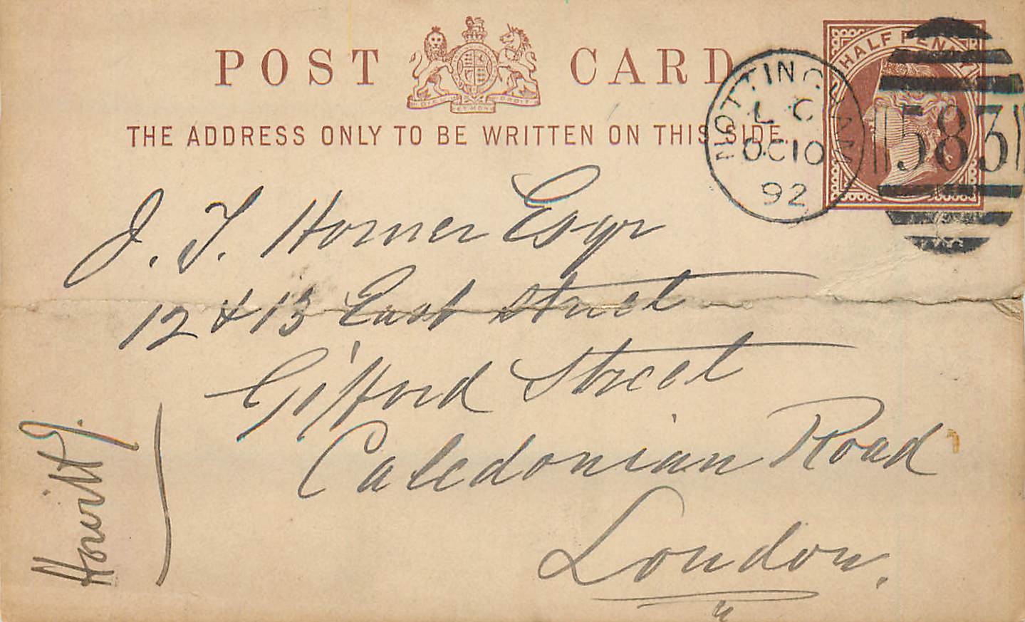 Entier Postal Postal Stationary Grande Bretagne Great Britain 1/2p Nottingham for London 1892