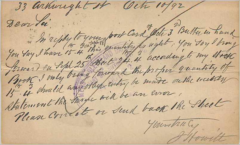 Entier Postal Postal Stationary Grande Bretagne Great Britain 1/2p Nottingham for London 1892 — Verso