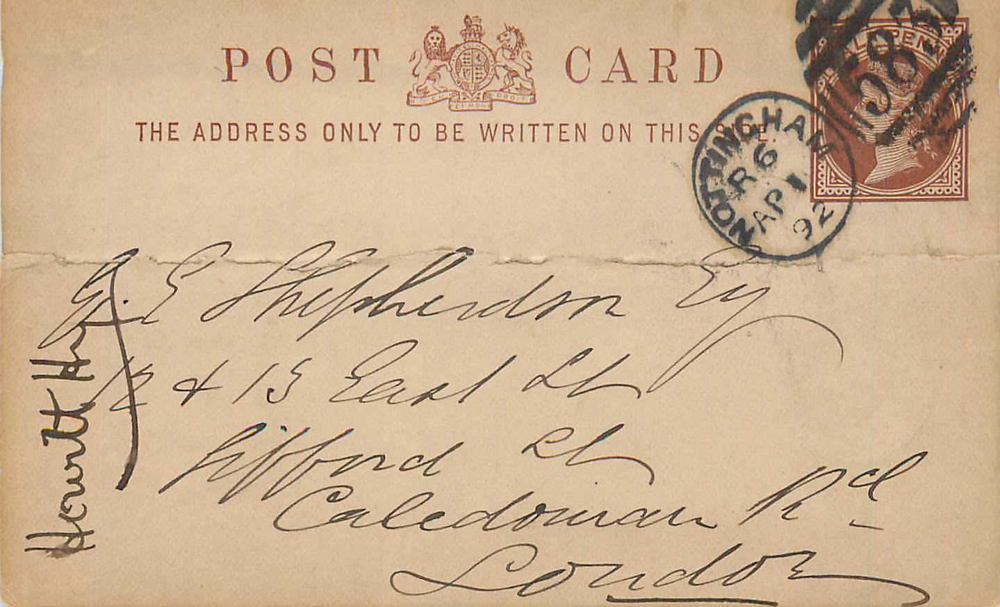 Entier Postal Postal Stationary Grande Bretagne Great Britain 1/2p Nottingham for London 1892