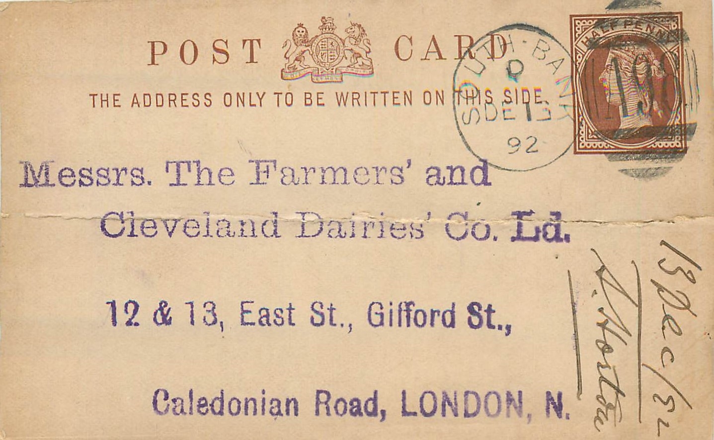 Entier Postal Postal Stationary Grande Bretagne Great Britain South Bank 1892