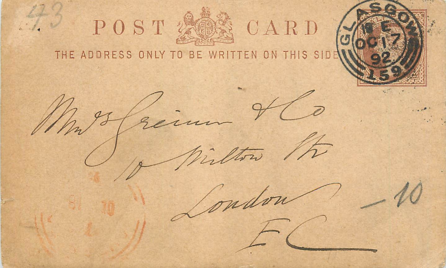 Entier Postal Stationary 1/2p Glasgow 1892 for London