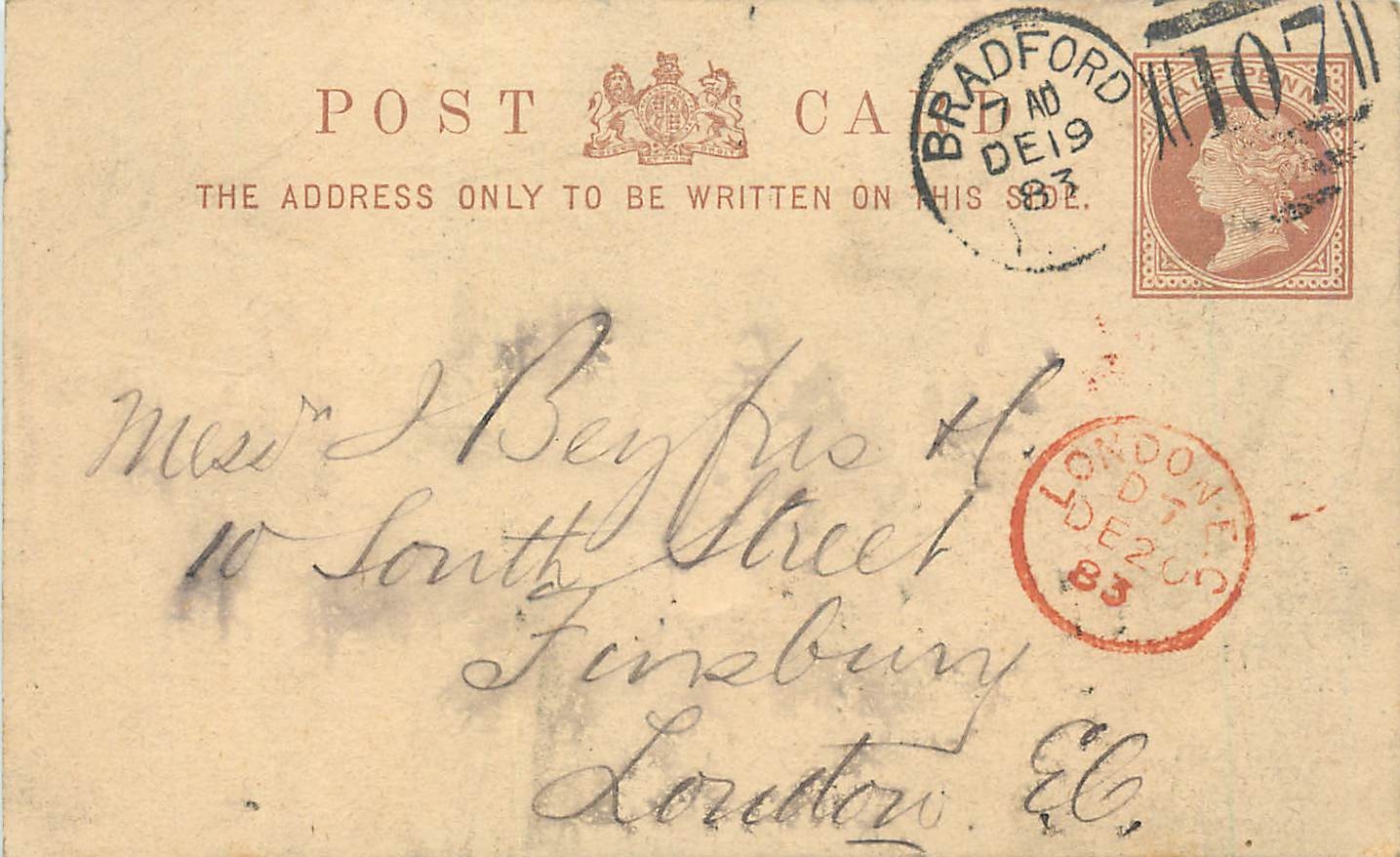 Entier Postal Stationary 1/2p Bradford to London 1883