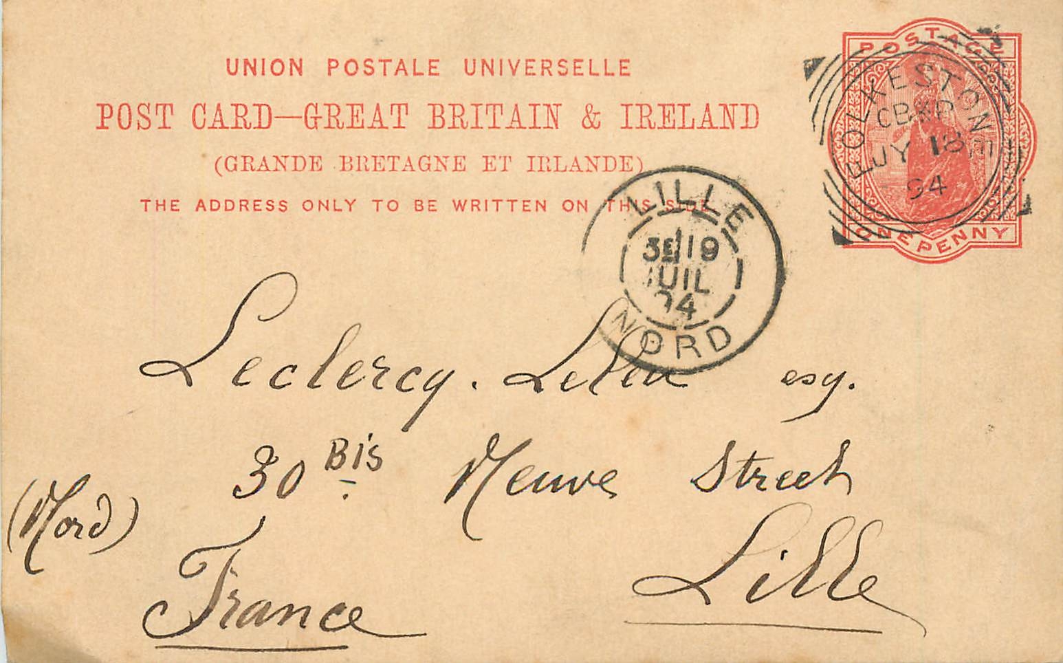 Entier Postal Stationary 1p Folkestone for Lille 1894