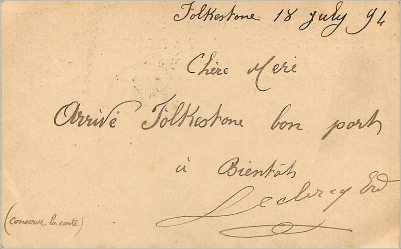 Entier Postal Stationary 1p Folkestone for Lille 1894 — Verso