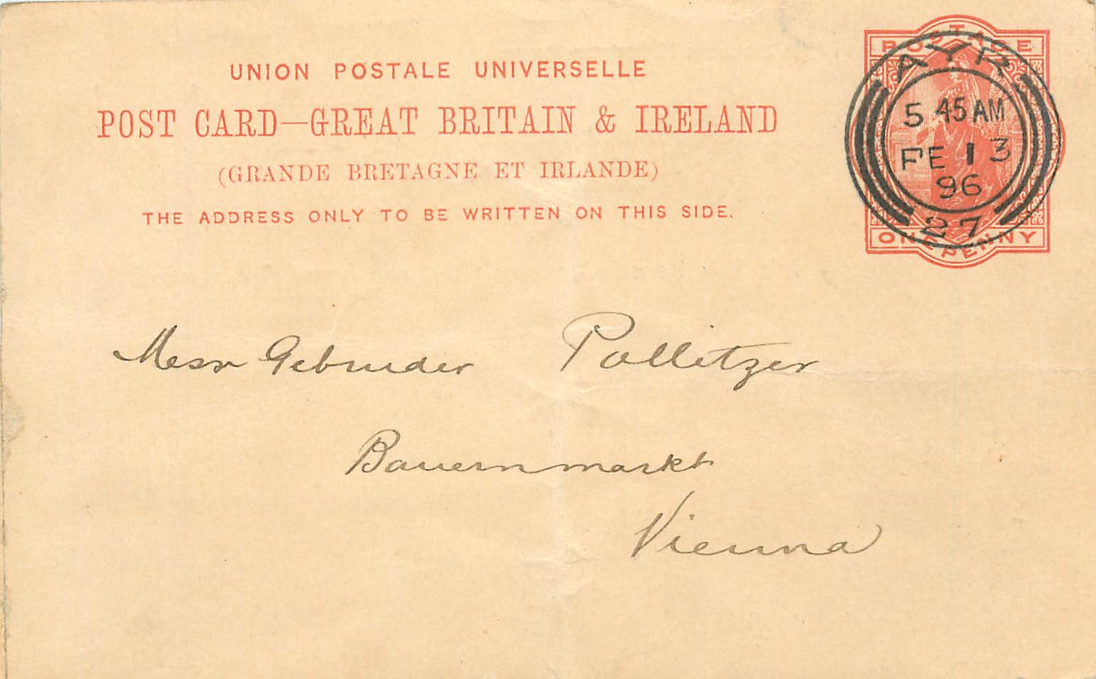 Entier Postal Stationary 1p Ayr 1896 for Vienna