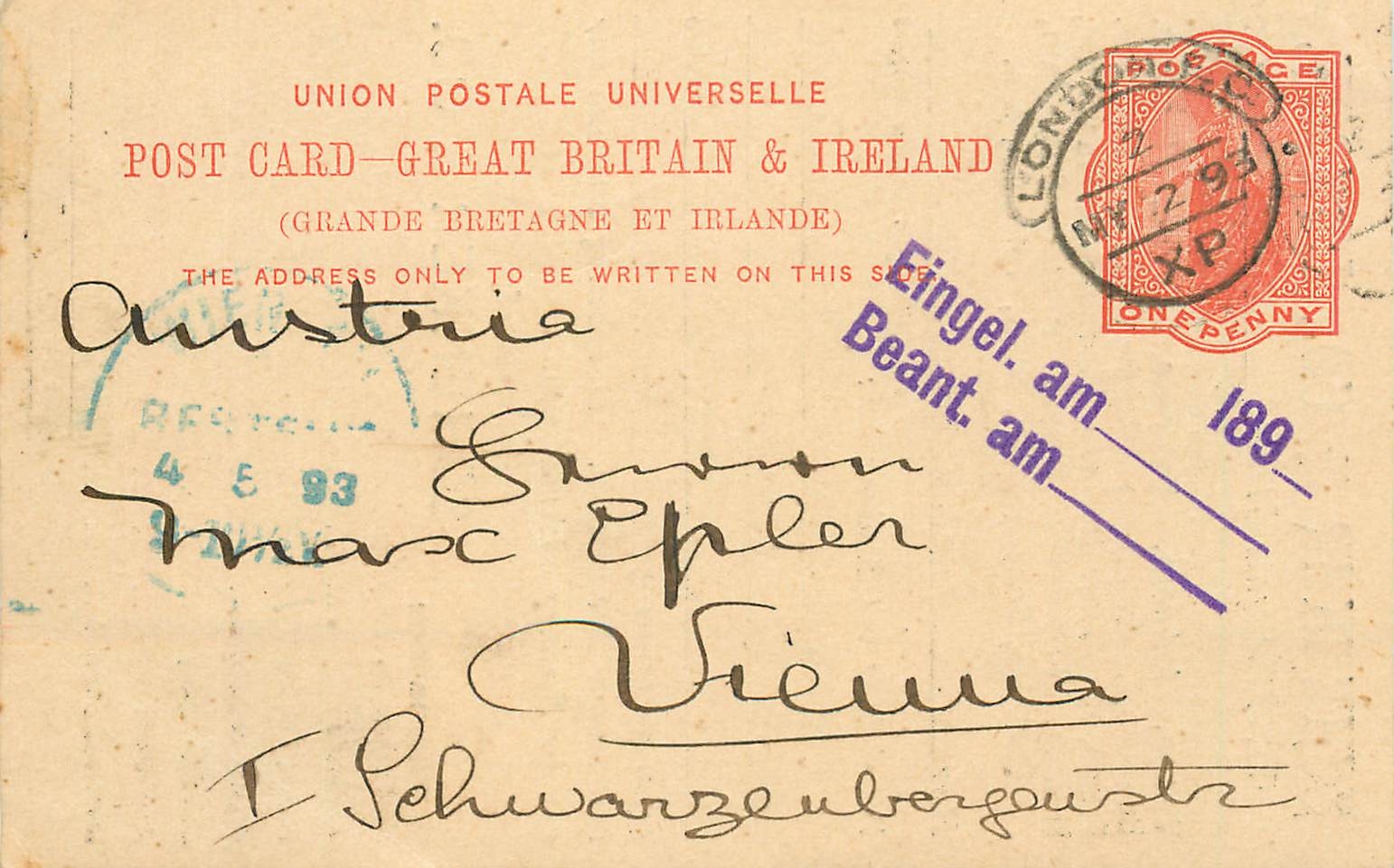 Entier Postal Stationary 1p London 1893 for Vienna