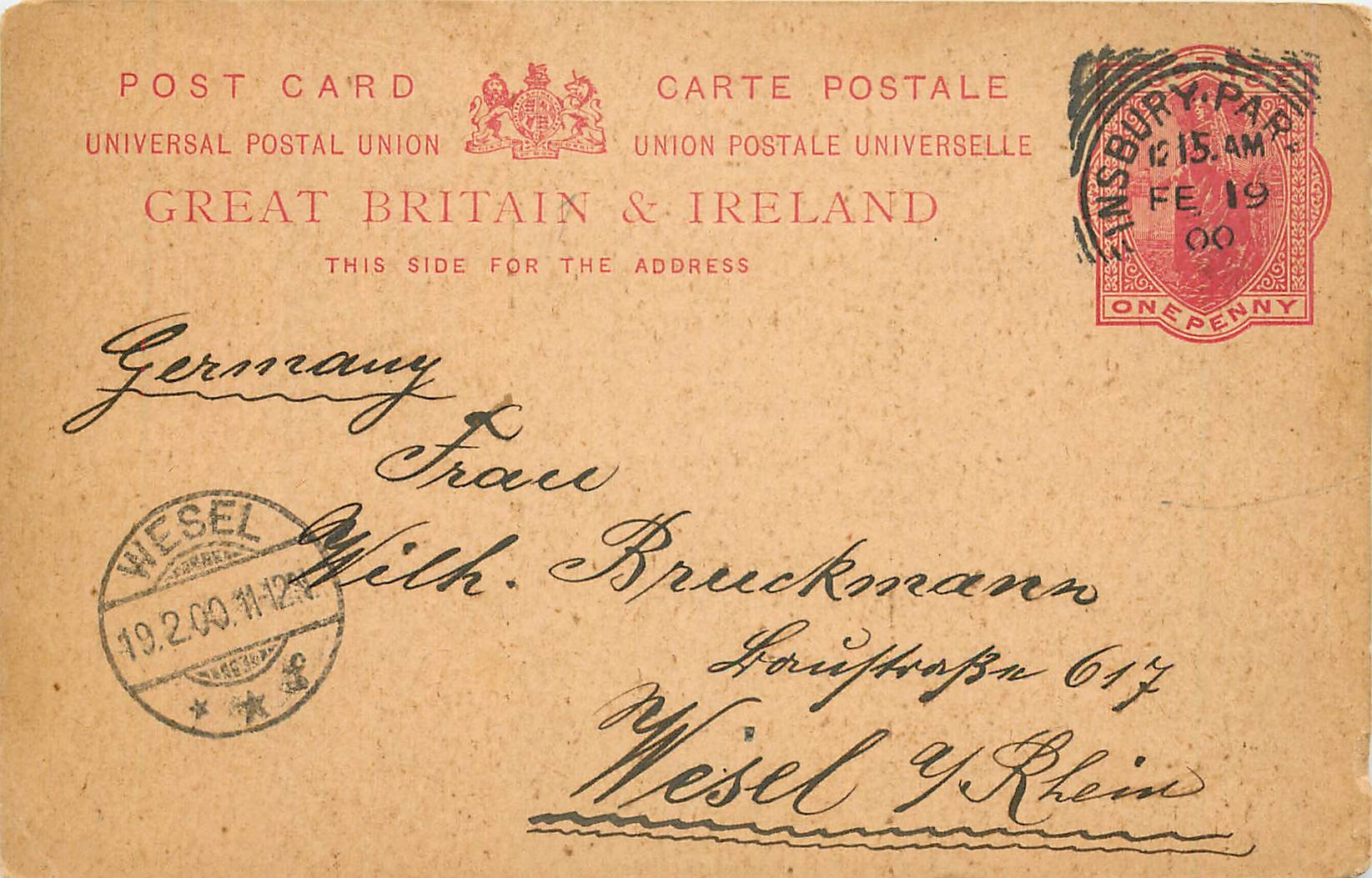 Entier Postal Stationary 1p Finsbury Park 1900 for Wesel