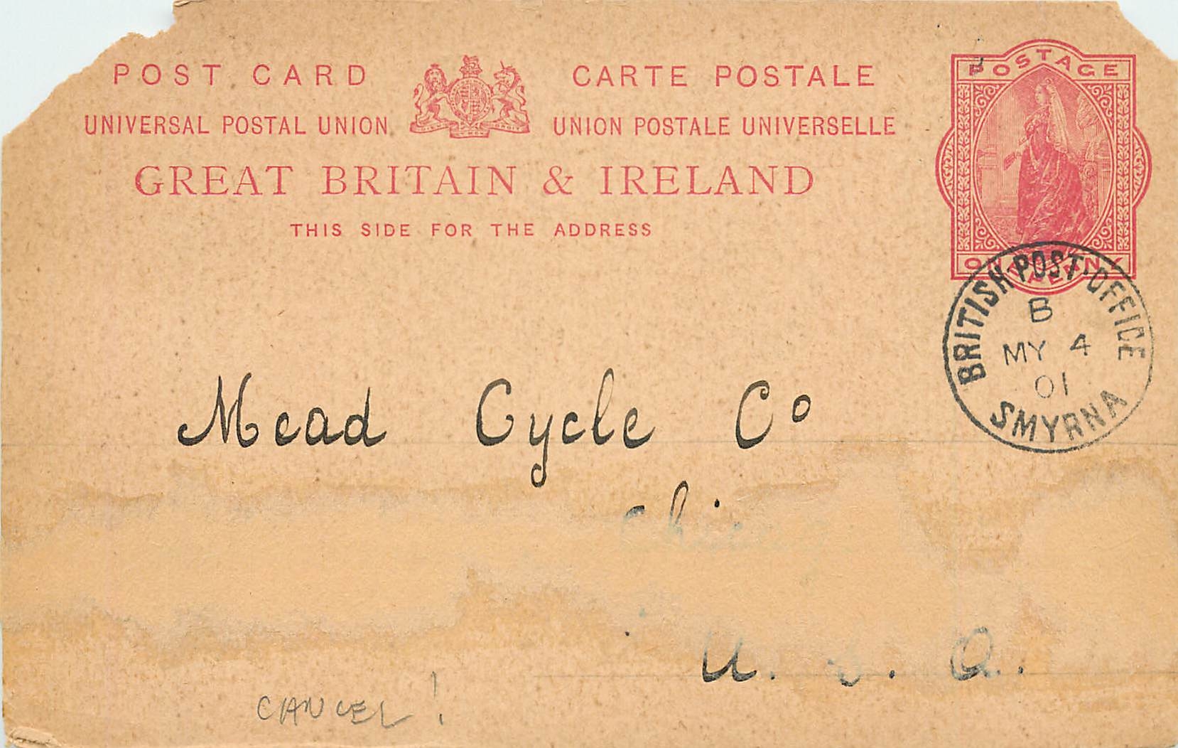 Entier Postal Stationary 1p British Post Office Smyrna Rare 1901