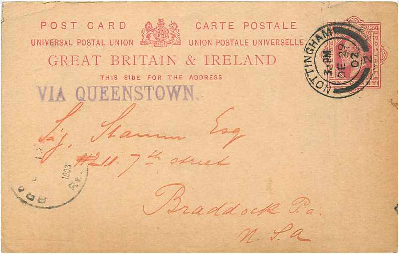 Entier Postal Stationary 1p Nottingham for USA Braddock