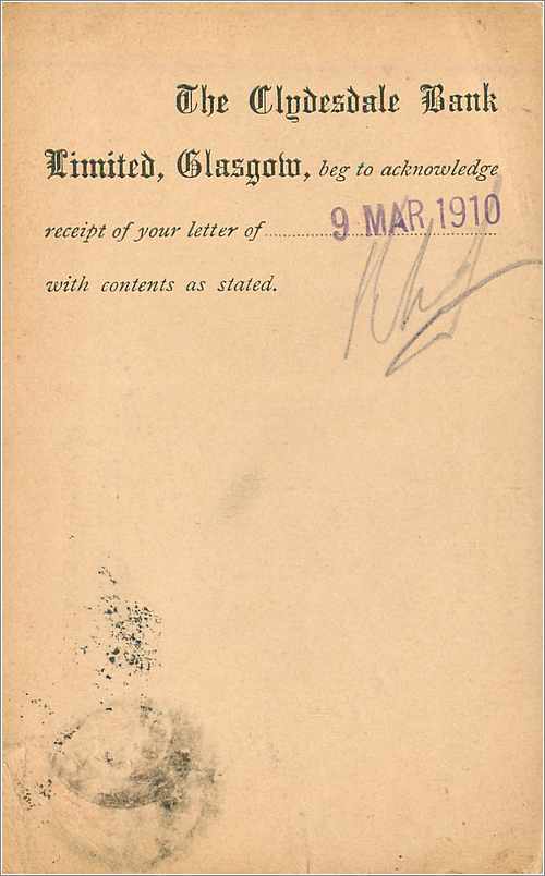 Entier Postal Stationary 1p Glasgow 1910 for New York — Verso