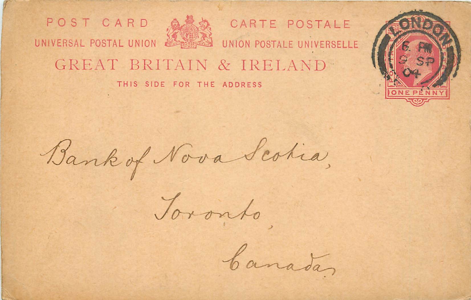Entier Postal Stationary 1p London 1904 for Toronto