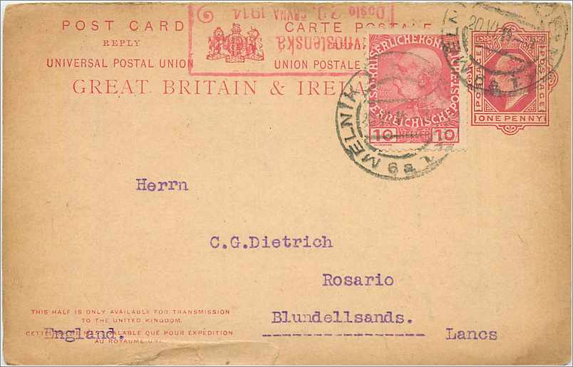 Entier Postal Stationary 1p + Austrian stamp Melnik 1914 for Rosario