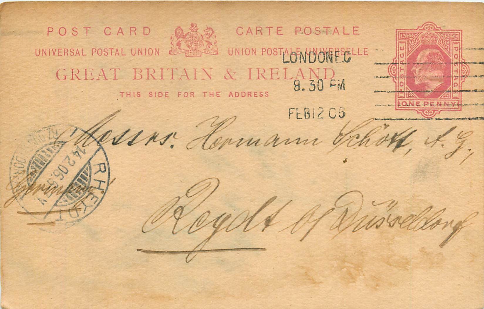 Entier Postal Stationary 1p London 1905 for Dusseldorf