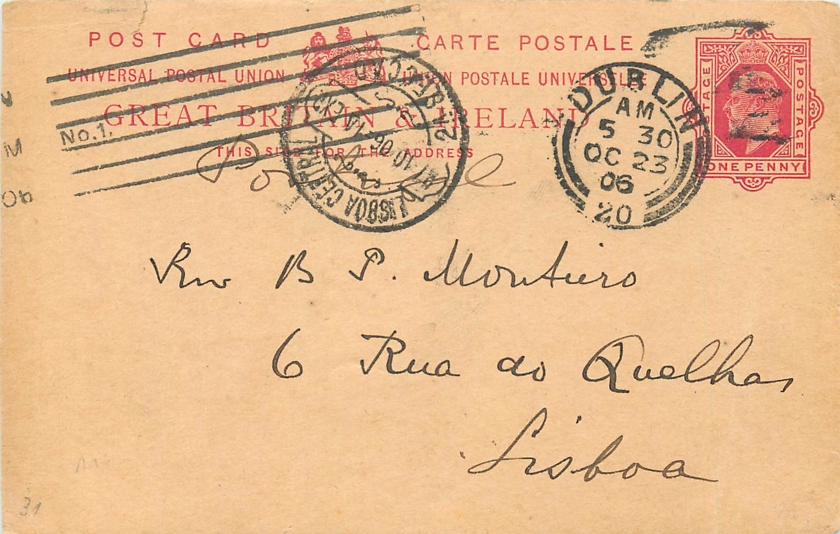 Entier Postal Stationary 1p Dublin 1906 for Lisboa