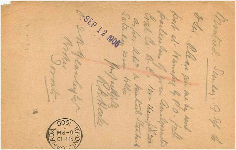 Entier Postal Stationary 1c Montreal for Toronto 1906 — Rückseite
