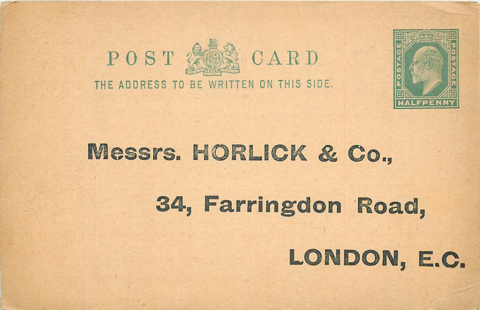 Entier Postal Stationary 1/2p Horlick London Farrington Road