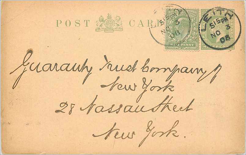 Entier Postal Stationary 1/2p + 1/2p Leith for New York 1908