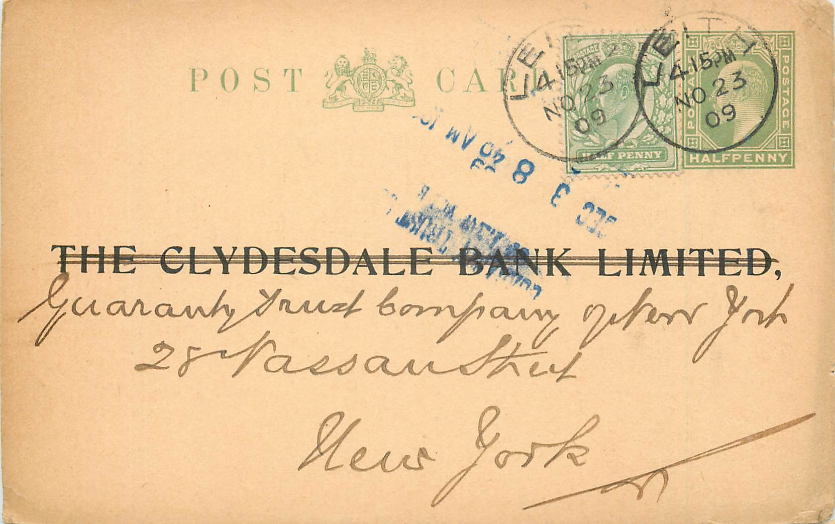 Entier Postal Stationary 1/2p + 1/2p Leith for New York 1909