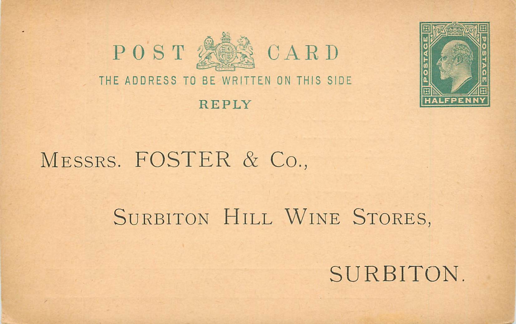 Entier Postal Stationary 1/2p Foster Subirton Hill wine Stores 